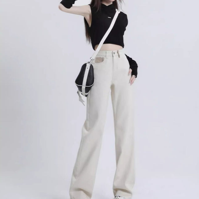 creamy-white Narrow Wide Leg Straight Jeans Women's 2024 Summer New High Waist Slimming chubby girl Drape Pants