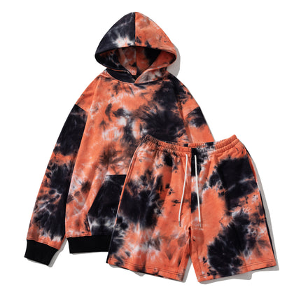 New Loose Hooded Sweat Spring and Autumn Fashionable Brand oversize Shoulder-drop Tie-dye Shorts Top Two-piece Set for Men