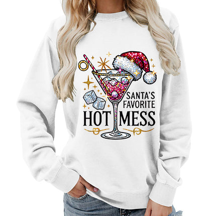 Amazon source hot mess wine glass printed round neck jacket sweater European size European and American women's coat long sleeve Asia