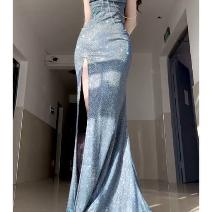2025 New Sexy Deep V Slit Hip-Covering Floor-Length Evening Dress Nightclub Backless Style Performance Long Dress