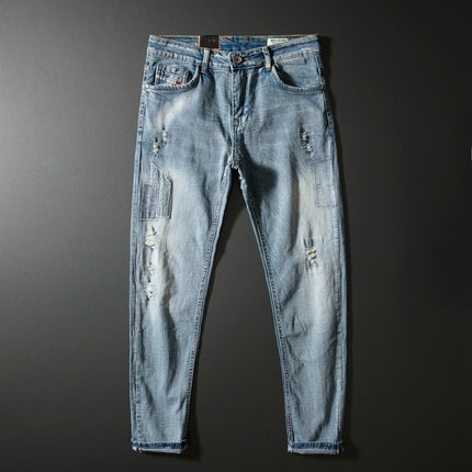 Light Luxury Summer New High-end Elastic Soft Heavy Industry Washable Light Color Jeans Men's Slim-fit Small Straight Casual Pants