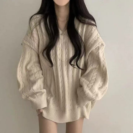 In-Stock Korean Chic Loose Lazy Autumn and Winter Sweater for Women with Cable Knit Design, Simple Thick Knit Top