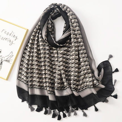 Japanese New Artistic Color Split Travel Sunscreen Beach Towel Printed Cotton and Linen Hand Scarf Tassel Scarf Large Scarf