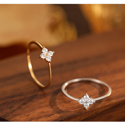 925 Thai Silver Inlaid Four Leaves Clover Zirconia Flower Ring for Women Simple Elegant Good Luck Anniversaries Jewelry Gift