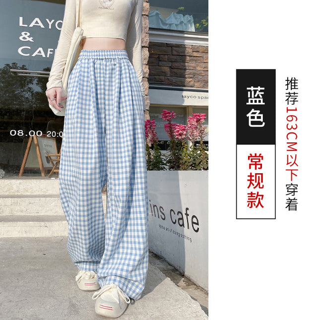 Blue Plaid Pants for Women, Summer Thin Style 2025 New High-Waisted Drape Casual Yamamoto Pants, Straight-Leg Casual Wide-Leg Pants