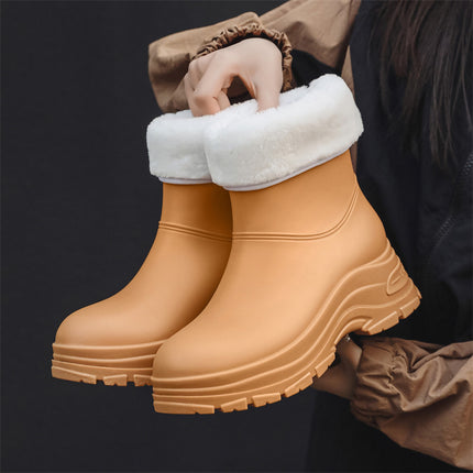 Cross-Border Korean Style Women's Waterproof Anti-Slip Rain Boots with Cotton to Keep Warm and Increase Wear-Resistant Rubber Shoes for Outdoor Camping Rain Boots Foreign Trade
