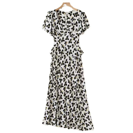 D@F Summer Floral Short-Sleeve Silhouette Fashion Slim-Fit Slit Tea Break Dress Long Skirt Artistic Retro Waist-Cinching Style