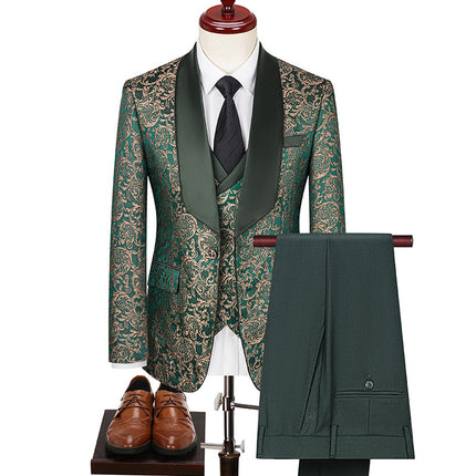 Foreign Trade Men's Jacquard Green Fruit Collar Suit Three-Piece Men's Korean Style Slim Fit Groomsmen Wedding Dress Suit