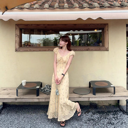 Designed Age-Reducing Floral Puff Sleeve Dress for Women Summer 2025 New Waist-Cinching Niche Korean A-Line Long Skirt
