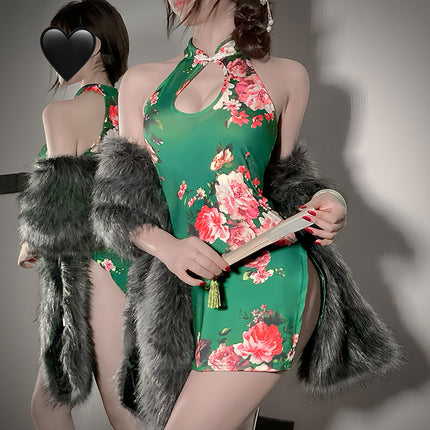Fun Pajamas Women's Sexy Bed Flirting Cheongsam Socialite Slim-fit Retro Split Pajamas Leaky Chest Free Attack Speed Skirt