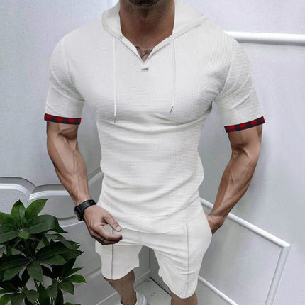 Europe and the United States cross-border summer fast selling Amazon hooded waffle T-shirt men's sports casual short sleeve shorts suit