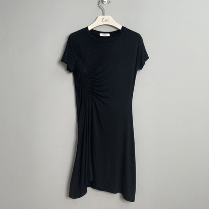 Korean Dongdaemun Slim-fit Sexy Tight Waist Figure Pleated Irregular Chest Large Short-sleeved Dress for Women