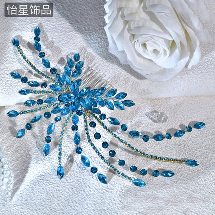 Yixing Fashion Light Luxury Rhinestone Hair Stamp Red Riding Book Same Style Hair Accessories Elegant Flower Blue Hair Comb A269