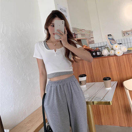 92 Rayon 8 Spandex Summer New Sexy Fake Two-Piece Short-Sleeved T-Shirt Women's Niche Slim Bm Short Crop Top