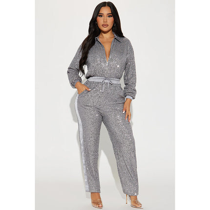 European and American autumn and winter new women's cross-border sequin jumpsuit sequined sexy deep V-neck jumpsuit