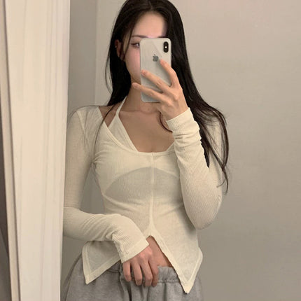 South Korea Dongdaemun Slim-fit Slim-fit Sexy Pure Desire Slightly Brewable Figure Short Long-sleeved T-shirt Top for Women