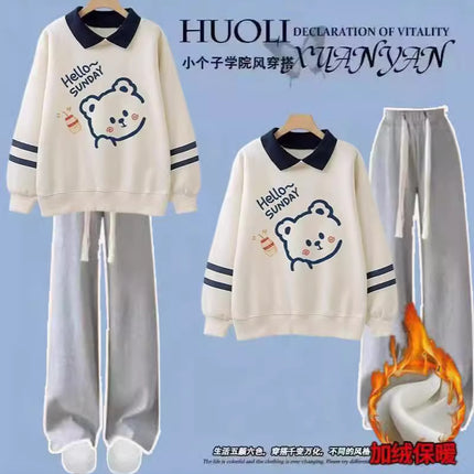Junior high school students polo collar fleece-lined padded sweater suit autumn and winter girls fashionable sports two-piece set batch