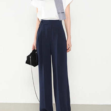 Navy Blue Women's Suit Pants New Chinese Style Tie Pants Drape Slimming Straight Wide-Leg Pants Extended Length