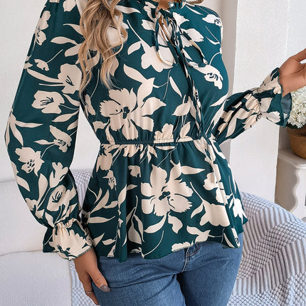 Real Shot of the 2026 Spring/Summer New Casual Floral Lace-Up Long-Sleeve Chiffon Blouse Amazon Cross-Border Women's Clothing