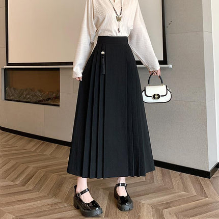 Real Shot of 2026 New Chinese-Style Fan-Shaped Tassel Hanging Decoration Mid-Length High-Waisted Slimming A-Line Pleated Mamian Skirt
