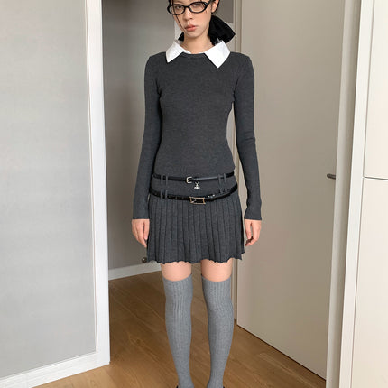 Dorothy Clothing South Korea Fashionable Fake Two-Piece Shirt Collar Academy Style Slim-Fit Stitching dress Pleated Dress for Women