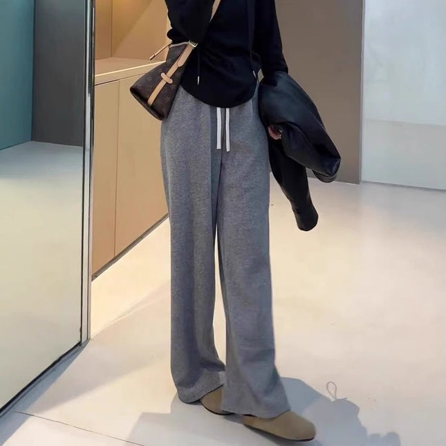 Gray Casual Towel Pants 2025 New Autumn and Winter Women's Velvet Thickeneded Drawstring Lazy and Relaxed Loose Wide-Leg Pants