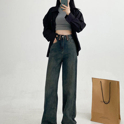 American Retro Narrow Wide-Leg Jeans for Women, 2025 Spring New High-Waisted Loose Slimming Floor-Length Straight Pants