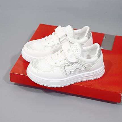 Children's White Sneakers, Mesh Breathable Sports Shoes, Soft-Soled School Summer Girls' Sneakers with Velcro, Suitable for Spring and Autumn Activities