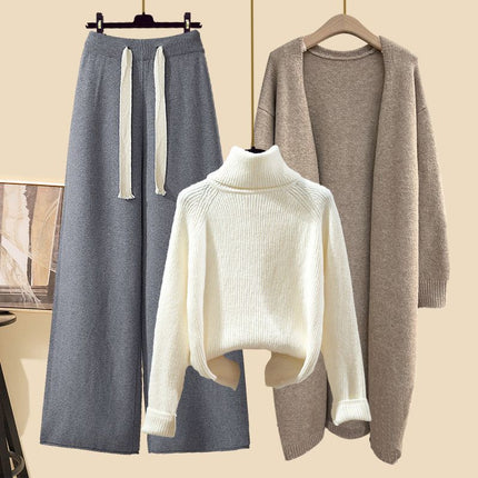 Autumn suit Women's 2024 New Korean Lazy Style Cardigan Jacket with Slim Sweater Wide Leg Pants Three-Piece Set