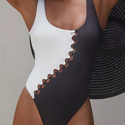 European and American Black and White Color-Blocked Swimsuit for Women, Cut Out One-Piece, Belly-Covering, Slimming Look, Sexy Bikini, Personalized Beach Swimwear