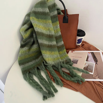 Retro Green Stripesd Scarf for Women Winter 2025 New Korean Style Circle Yarn Scarf Thickeneded Warm Student Shawl
