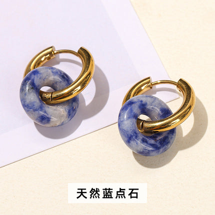 Jingdong jewelry fashion high-grade earrings wholesale natural green Dongling pink crystal bread ring titanium steel gold-plated earrings