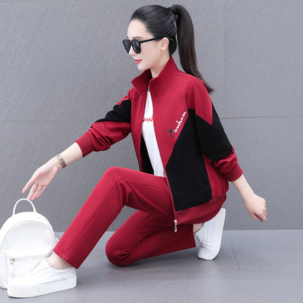 High Cotton Color-Block Two-Piece Fashion Casual Sports Suit for Women, Spring and Autumn, Middle-Aged Mom, Stand Collar Cardigan and Color-Block Sweatpants