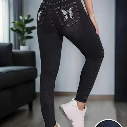 Women's European and American Cross-Border High-Elastic Imitation Denim Leggings Butt-Lifting Yoga Nine-Point Pants High-Waisted Tummy Control Leggings 2535