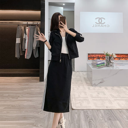 Real Shot 2025 Spring and Autumn Baseball Suit Coat Women's Ribbon Contrast Color Zipper Coat Women's Medium-length Dress Slim-fit Fashion Women