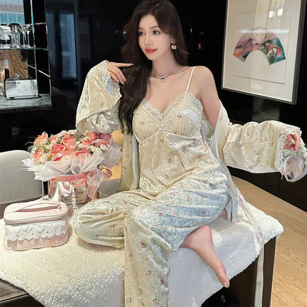 New Style Gold Velvet Nightgown with Chest Pad Sling Trousers Three-Piece Set Women's Pajamas Sweet Sexy Lace Home Clothes