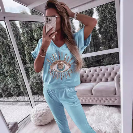 2024 European and American Cross-Border Foreign Trade Women's Summer Evil Eye Sequin Pattern Short-Sleeve Long Pants Set European and American Style
