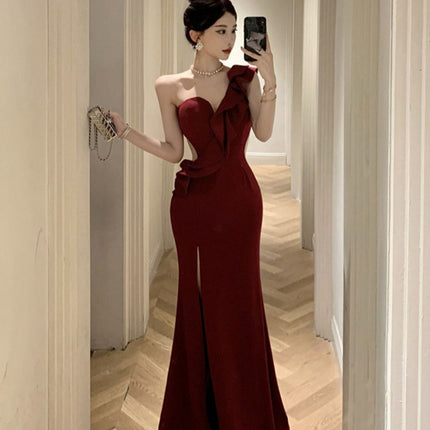 High-end Sexy Ruffle Evening Dress 2025 Elegant One-shoulder Banquet Host Car Model Split Dress