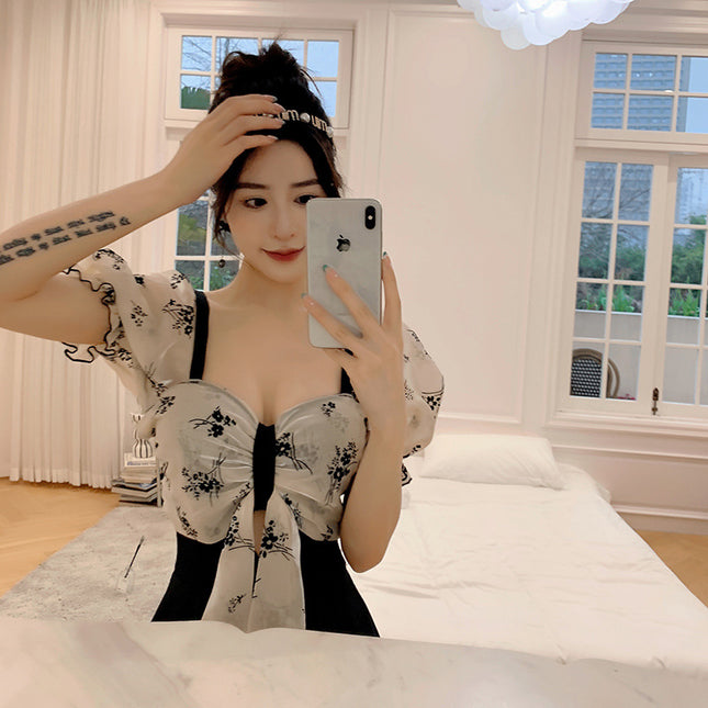 New Arrival Swimsuit Women's Pure Desire Retro Dress Belly-Covering Slimming Floral Bow Girl's Holiday Swimsuit
