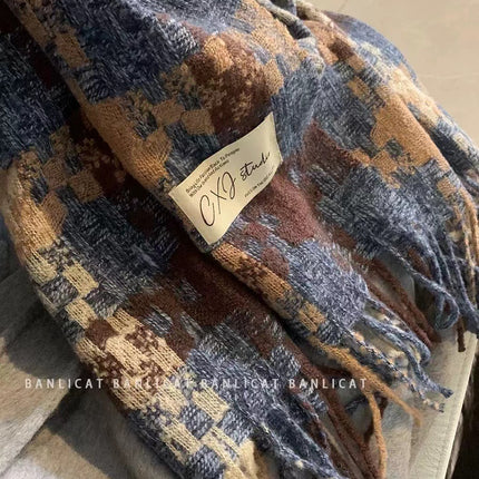 Cross-Border Imitation Cashmere Plaid Scarf for Women Autumn and Winter Thickened Warm Shawl Dual-Purpose Student Maillard Scarf Wholesale