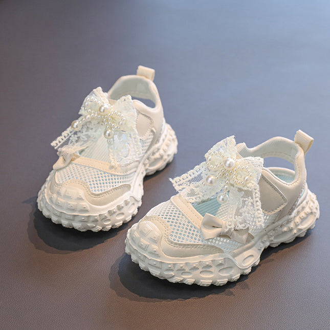 Girls' Sports Sandals 2025 Summer Little Girl's Pearl Lace Bow Hollow Net Sports Sandals