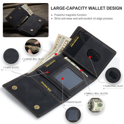 DG.MING Large Capacity Trifold Wallet Retro PU Wallet Card Bag Multifunctional Magnetic Small Wallet Clutch Black