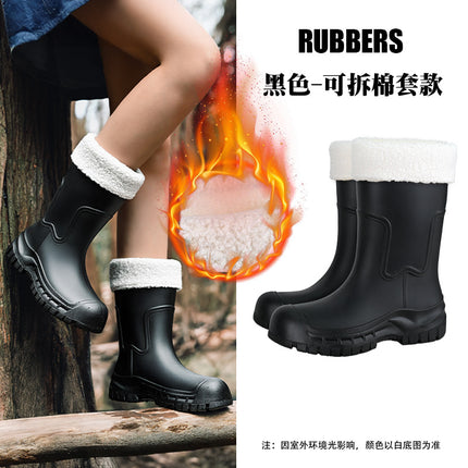 Korean and Japanese Cross-Border Women's Mid-Calf Outdoor Non-Slip Water Shoes, Thick-Soled Water Boots, Fleece-Lined Rubber Shoes, Rain Boots, Waterproof