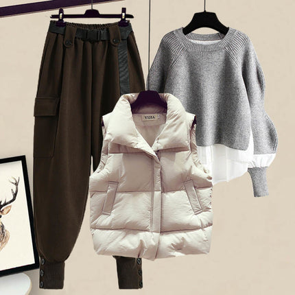 plus size women's autumn and winter suit women's 2024 new wear western style vest shirt slim cargo pants three-piece set