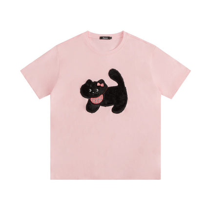 HeyHenry Men's Rabbit Fur Paste Embroidered Cat Loose Crew Neck Short Sleeve T-shirt Women's Fun Couple Top