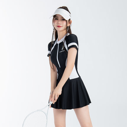 Sports Short-sleeved Swimsuit Women's 2023 New Style Slim-fit Swimsuit Conservative Swimsuit Body-fit Skirt Hot Spring Swimsuit