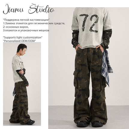 Jiamu American High Street Camouflage Casual Cargo Pants for Men and Women with Three-Dimensional Cut and Multi-Pocket Design, Unisex Straight Fit