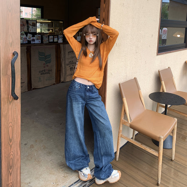 Raccoon House # American Retro Loose Low-Waist Wide-Leg Pants Versatile Drape Autumn and Winter New Straight-Leg Jeans for Women