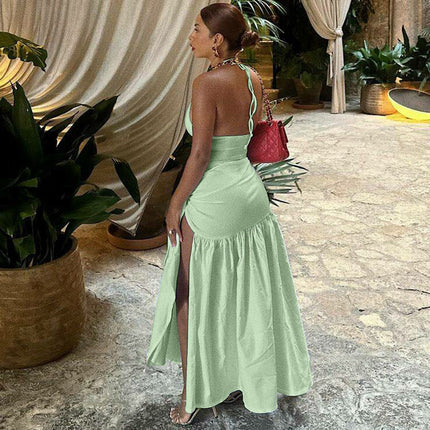 Vacation Style European and American Cross-Border Summer Women's Halterneck Lace-Up Backless Slit Fashion Casual Sexy Skirt Suit Trendy