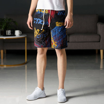 Summer new cotton and linen printed five-point men's beach pants casual sports loose plus size shorts men's thin fashion